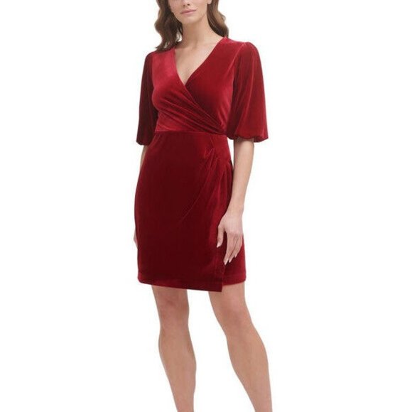 DKNY Women’s Red stretch Velvet Bubble-Sleeve Faux-Wrap Dress size 10 - Picture 1 of 7